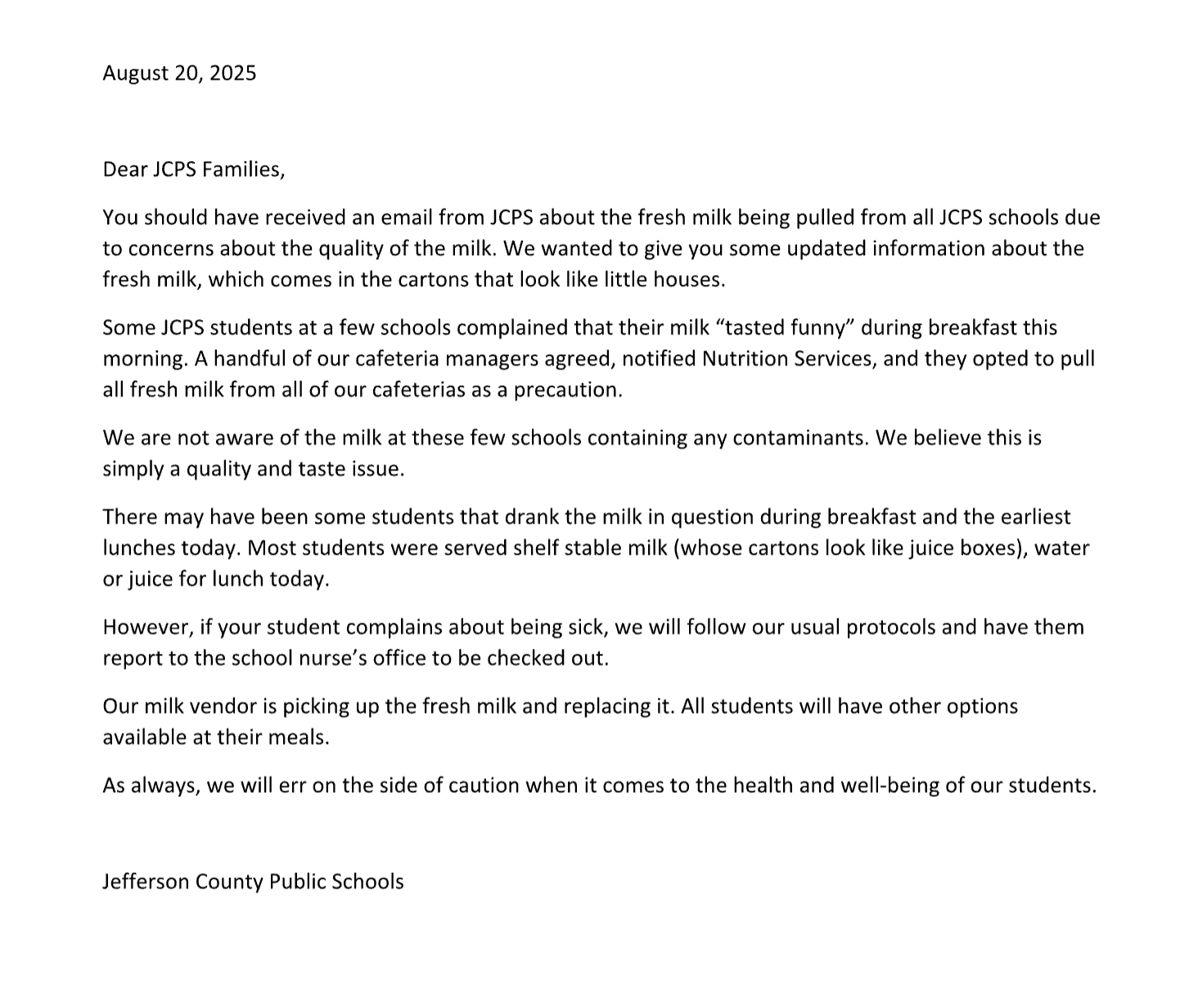 JCPS pulls fresh milk from schools after complaints from students